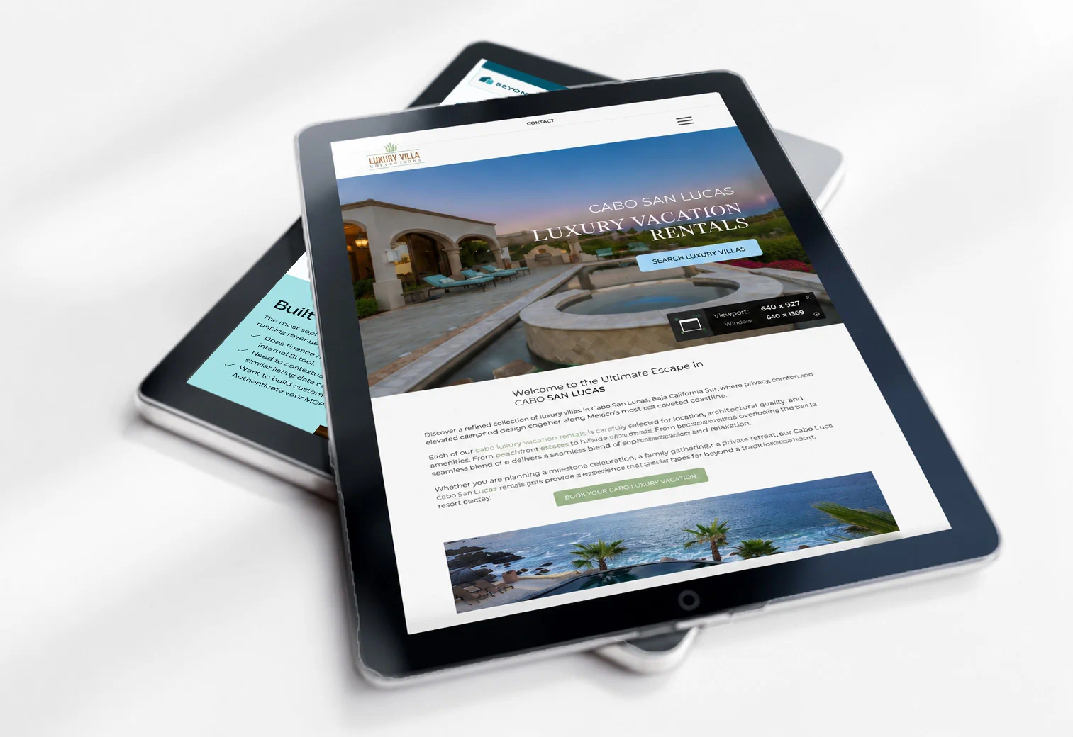 Responsive vacation rental website displayed on an iPad, showcasing modern web design and front-end development.