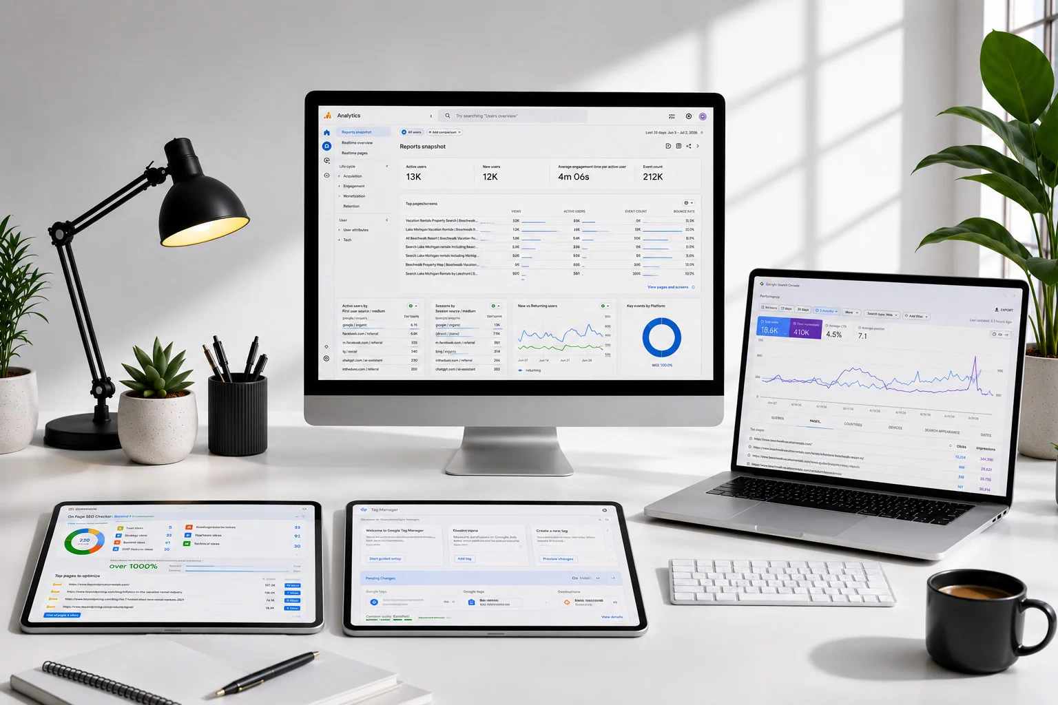 Technical SEO and website optimization workspace displaying Google Analytics, Google Search Console, and website performance dashboards across desktop, laptop, and tablet devices.