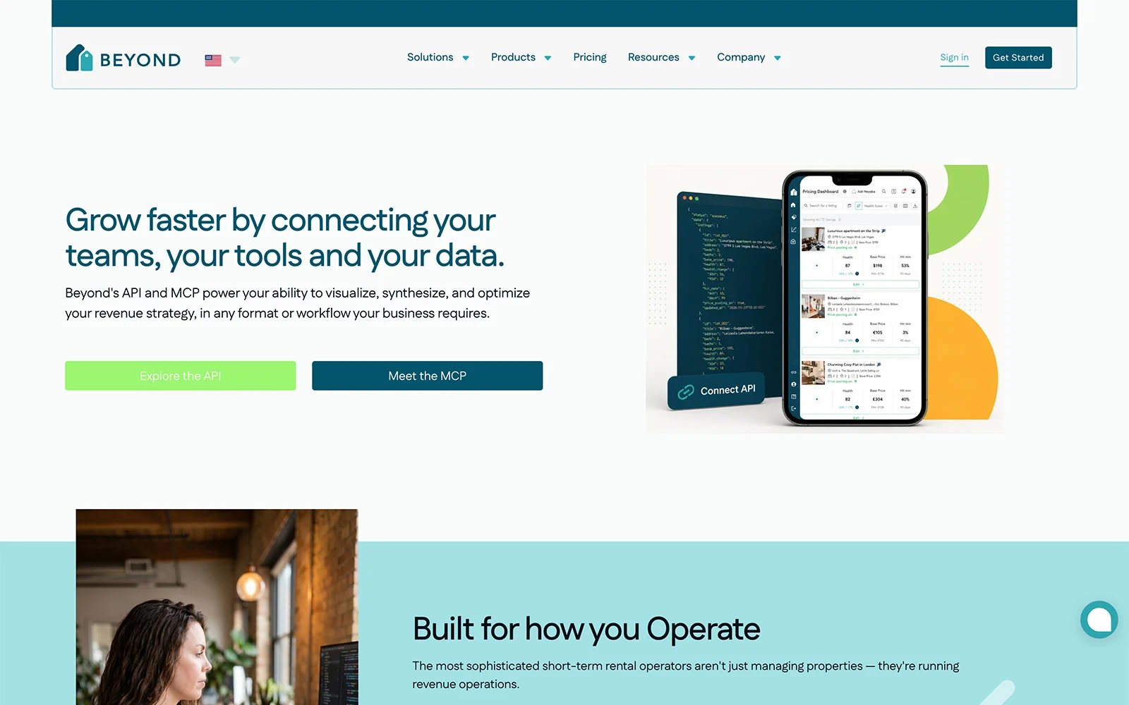 Beyond Pricing MCP and API landing page promoting AI-powered integrations with a modern Webflow user experience.