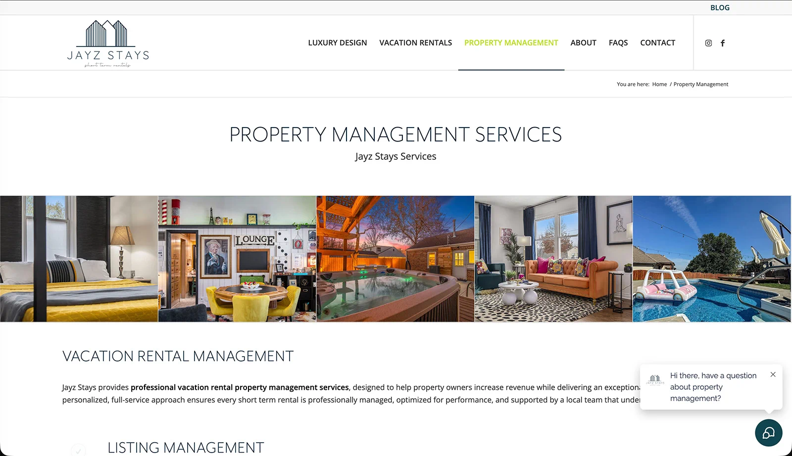 WordPress property management website highlighting vacation rental management services, listings, and professionally managed accommodations.