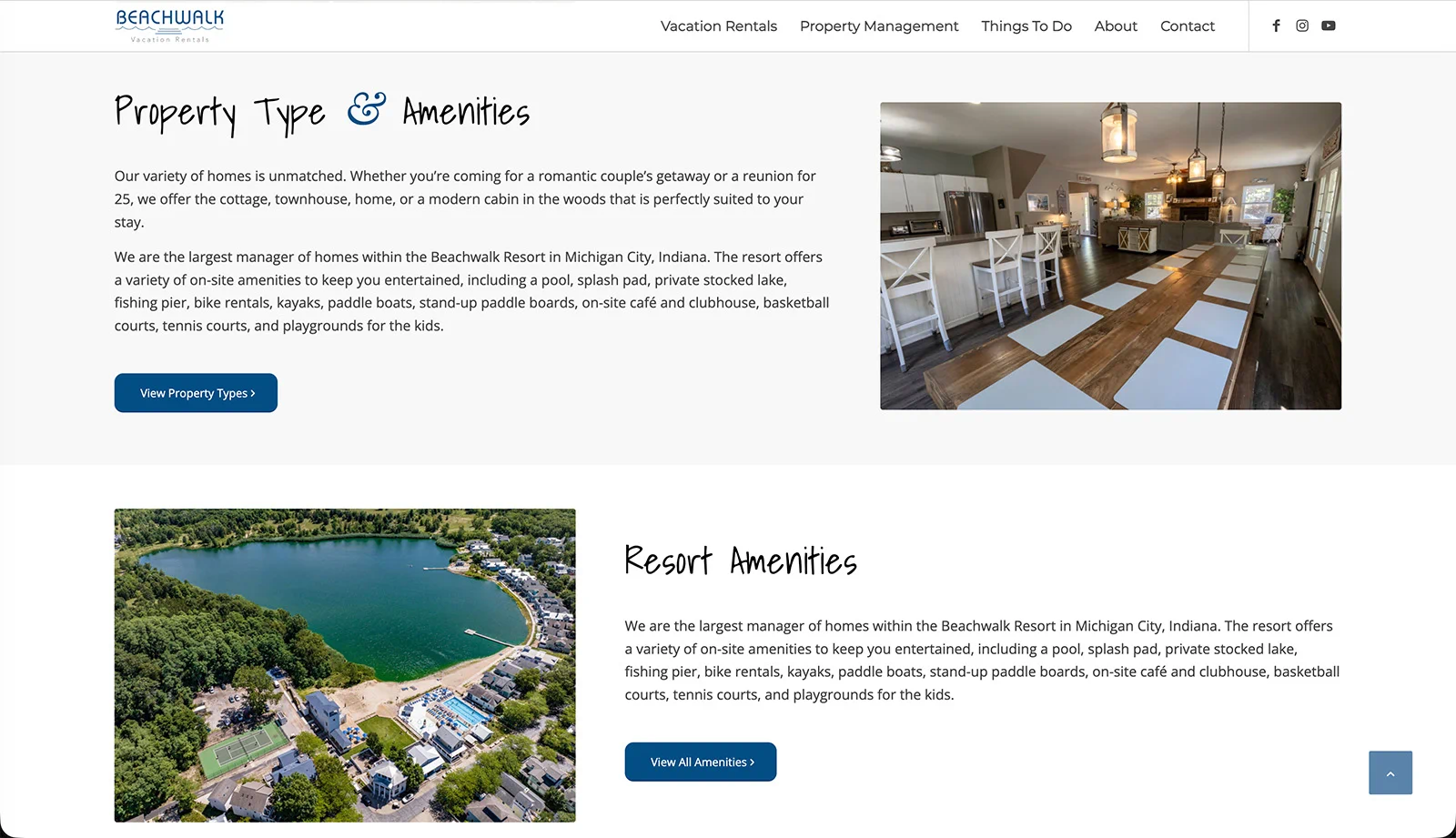 WordPress resort website featuring vacation rentals, resort amenities, property search, and destination information for travelers.