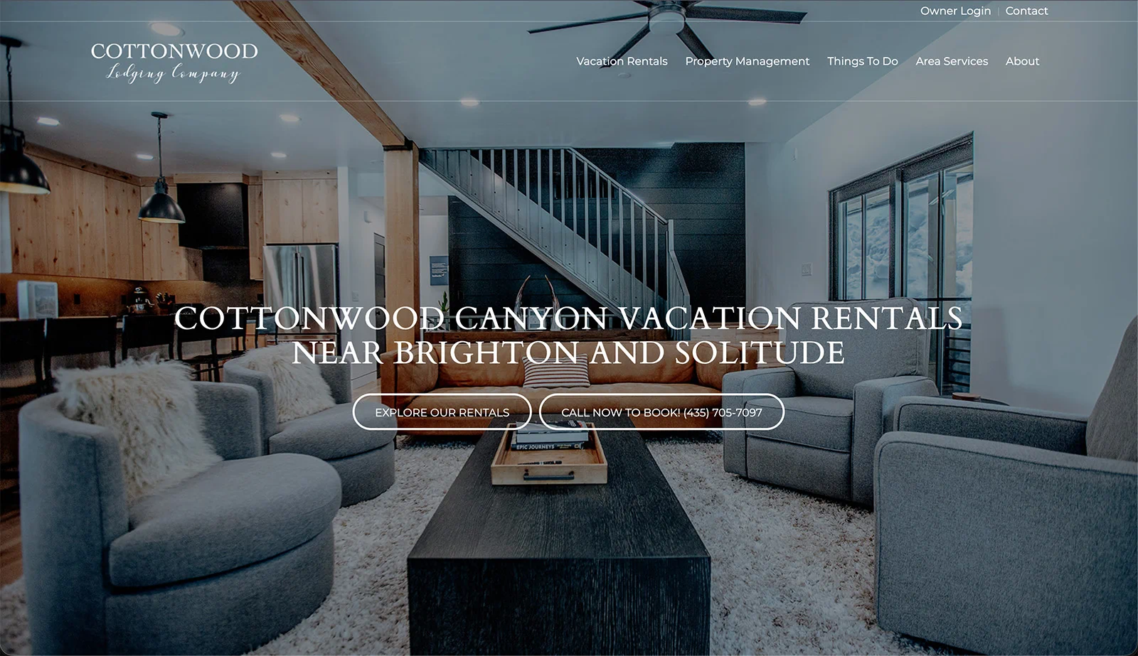 WordPress vacation rental website showcasing mountain lodging, property management services, and vacation accommodations near Brighton, Utah.