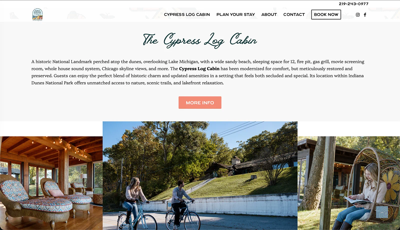 WordPress vacation rental website highlighting a historic lakeside cabin with immersive photography, booking information, and local attractions.