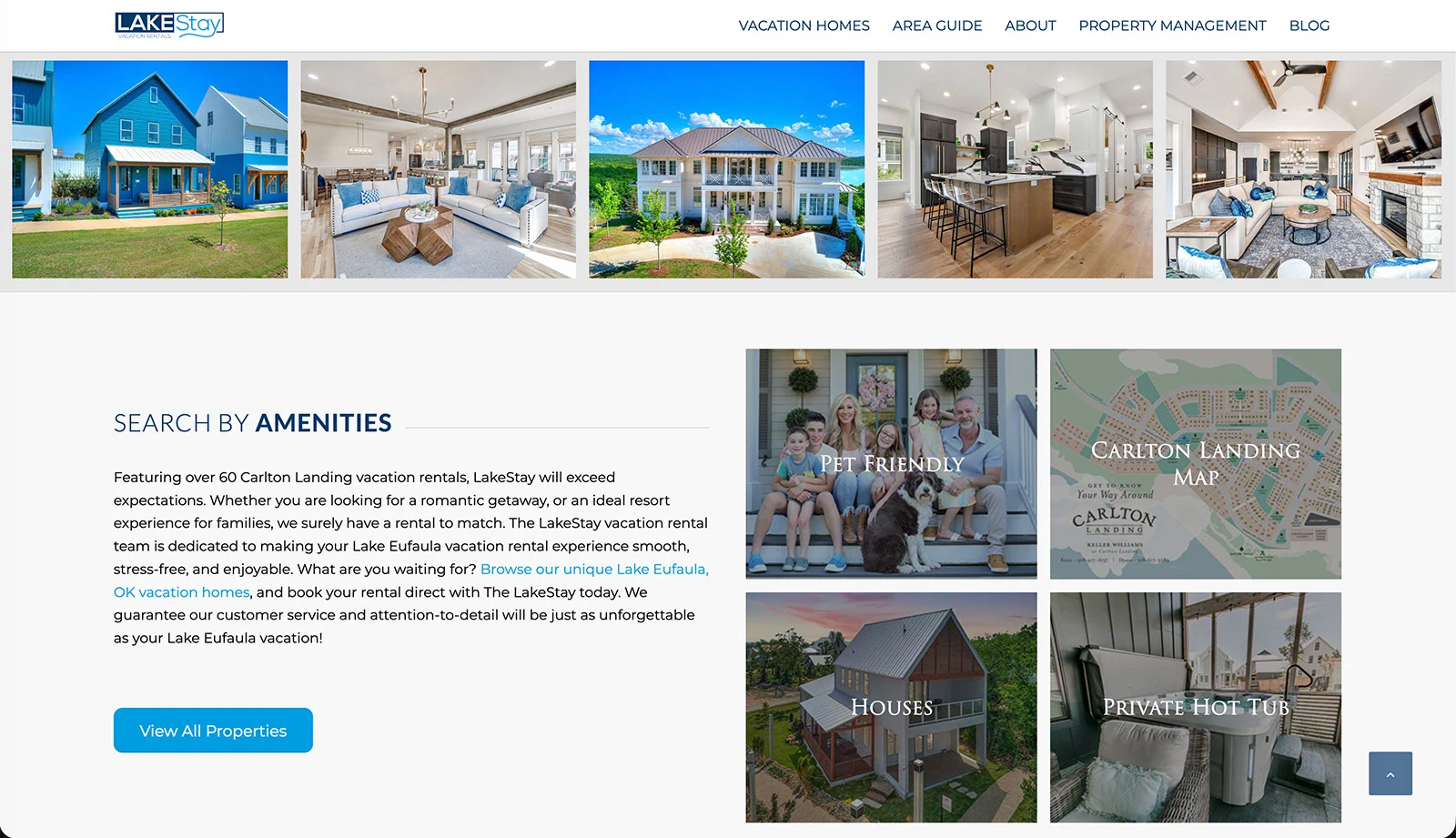 WordPress vacation rental website featuring lakefront vacation homes with property search, amenities, and family-friendly accommodations.