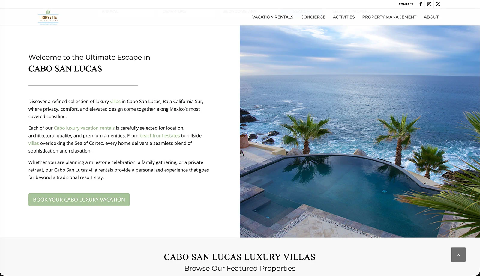 WordPress vacation rental website showcasing luxury villa accommodations in Cabo San Lucas with a custom homepage designed for property discovery and bookings.