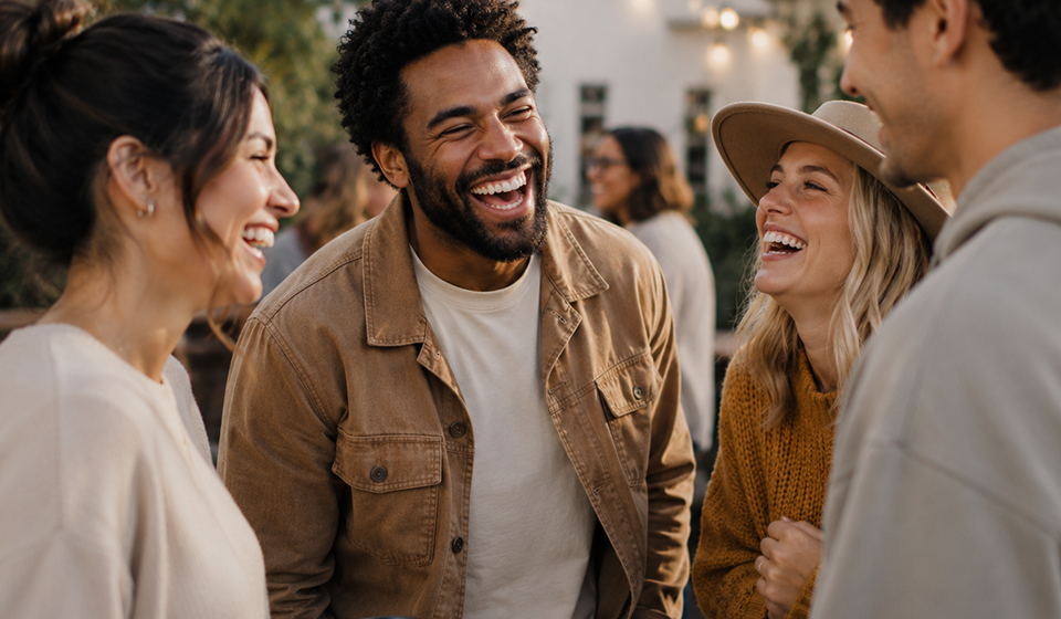 Four diverse friends smiling and laughing together in an outdoor social setting.