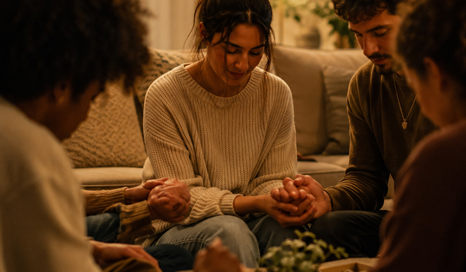 Group of people sitting in a circle holding hands with heads bowed in a moment of prayer or reflection.