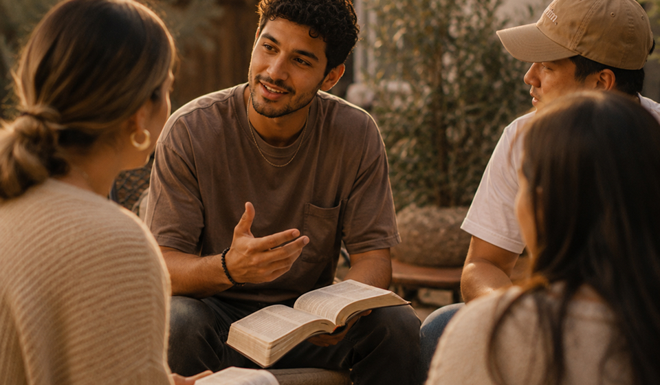 Group of four young people sitting outdoors, one man holding and discussing a book with others.