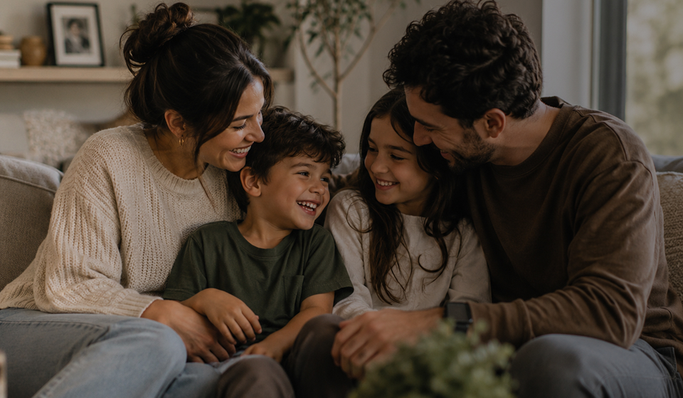 Smiling family of four sitting close, sharing a joyful moment on a couch in a cozy living room.