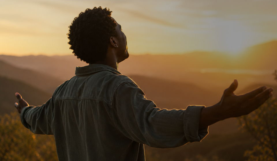 Man with outstretched arms looking toward a sunset over distant mountains.