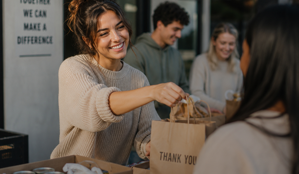 Smiling woman handing a thank you bag to another person at a community food distribution event.