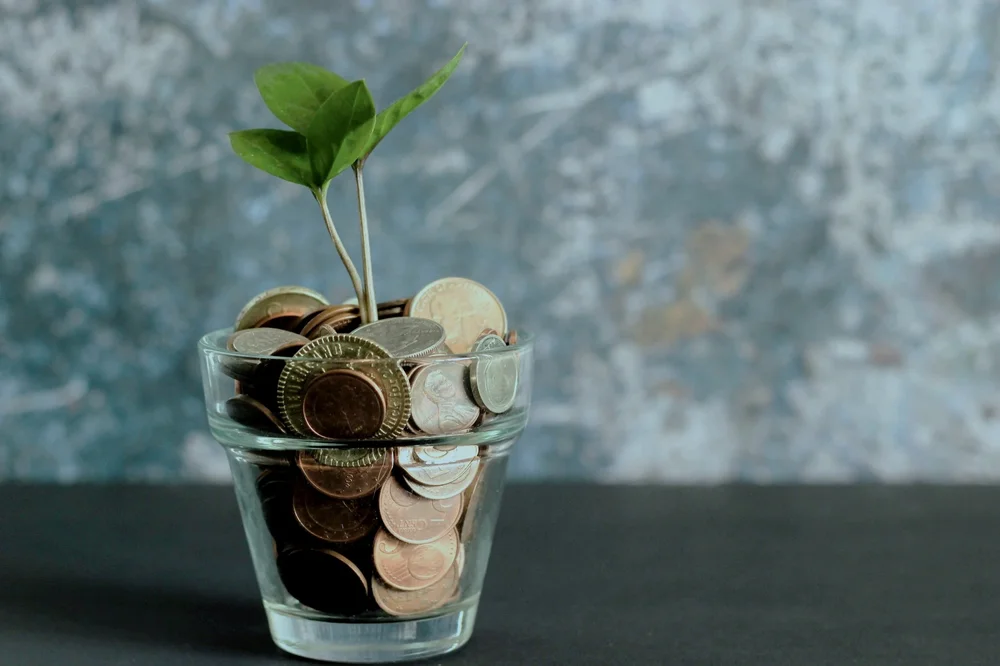 A green seedling sprouts from a small glass filled with coins, symbolizing capital deployed for growth.