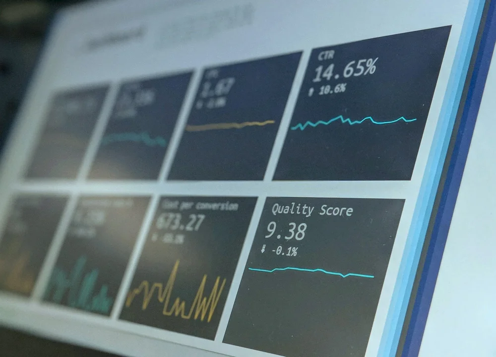 Close-up of an analytics dashboard showing multiple performance metrics and trend charts, including click-through rate and quality score, representing SummitView Holdings' transparent reporting.