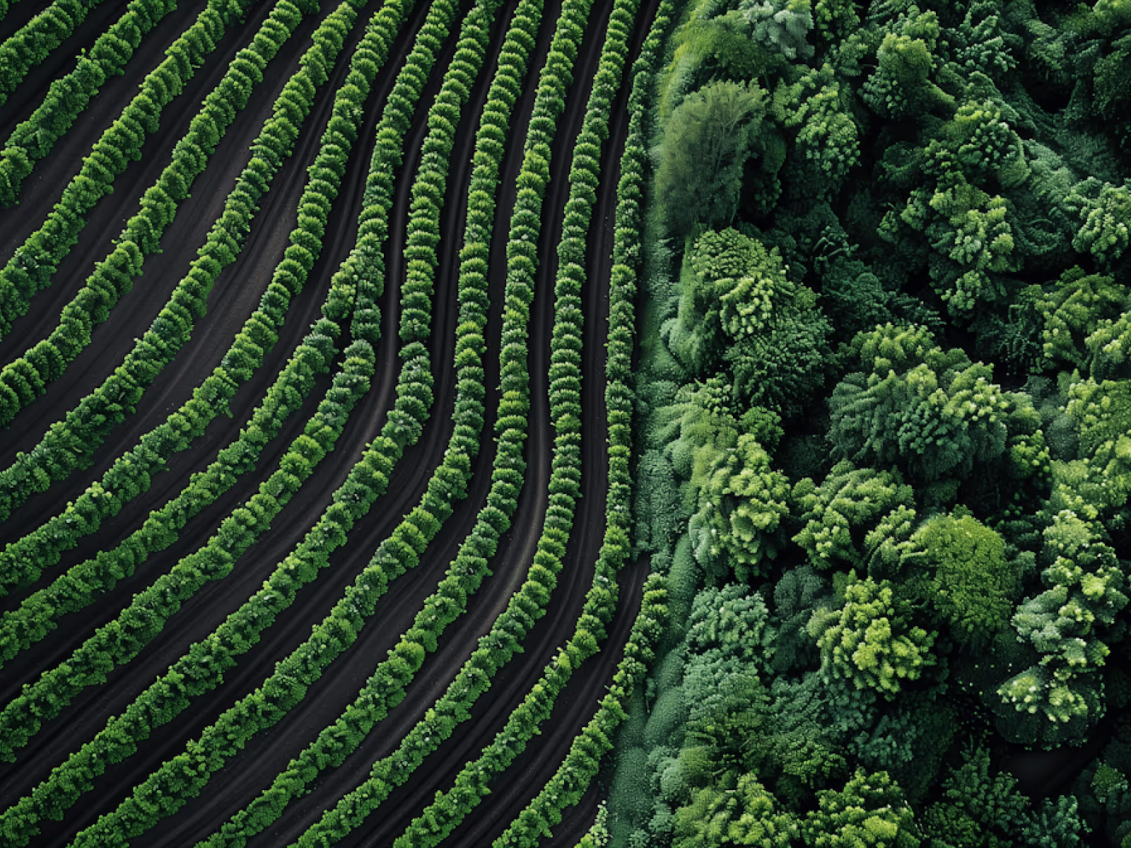 Aerial view of a green agricultural field with neatly planted rows of crops next to a dense forest area.