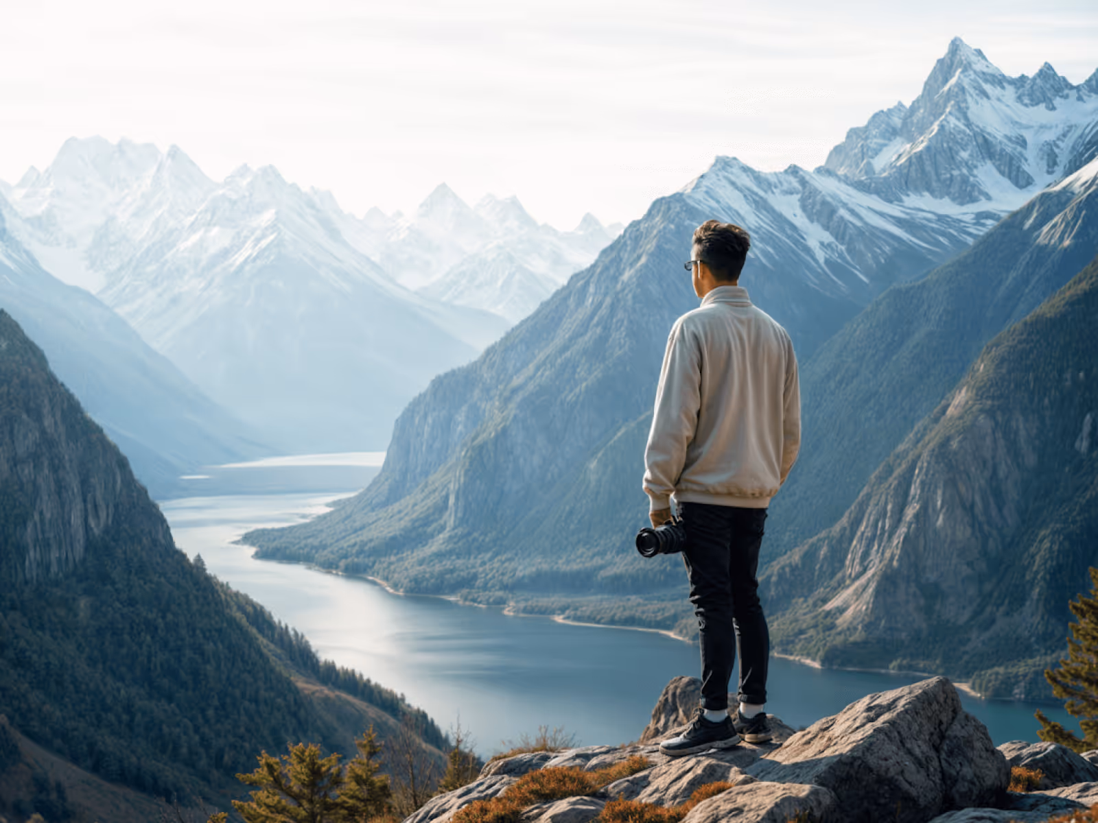 Person with glasses holding a camera, standing on rocky terrain overlooking a river valley surrounded by snow-capped mountains.