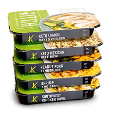 Stack of five pre-packaged meals with flavors like keto lemon chicken and peanut pork tenderloin.