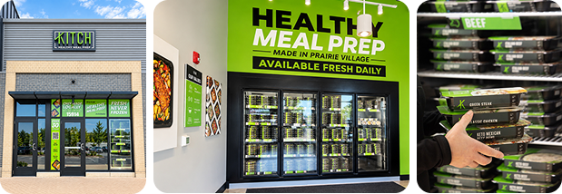 KITCH Lenexa storefront, healthy meal prep coolers, and prepared meals
