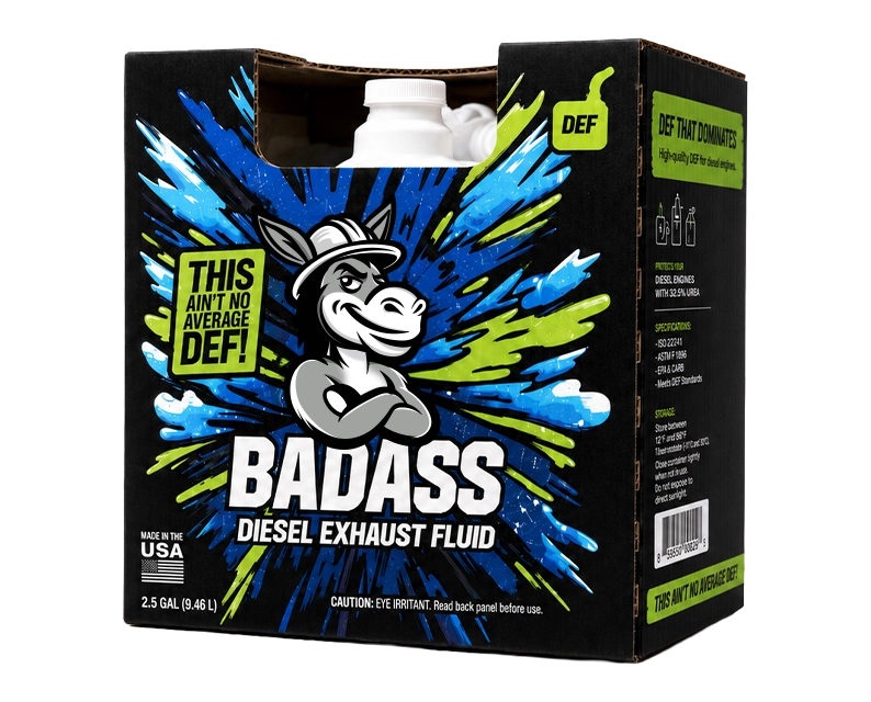 Badass Diesel Exhaust Fluid jug and box packaging