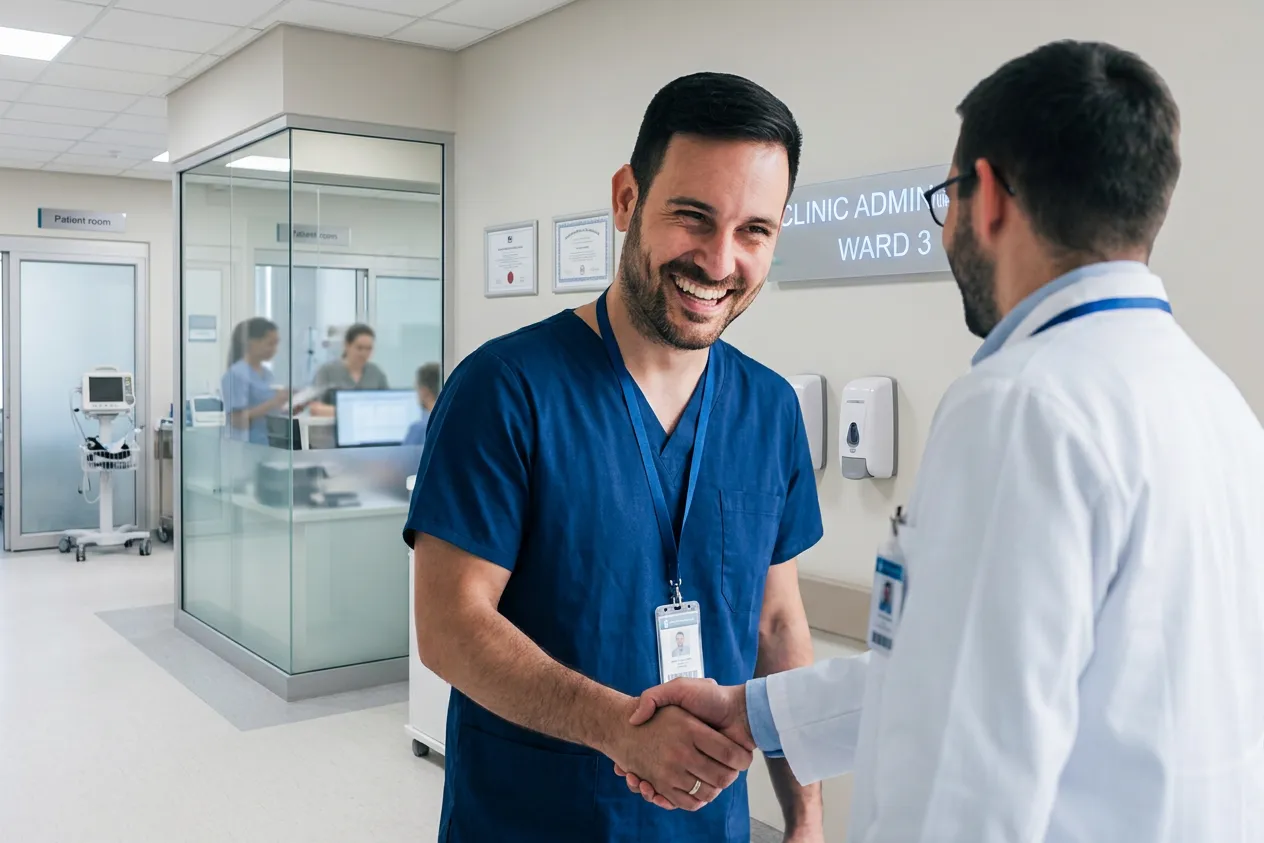 Clinicians shaking hands in a hospital corridor