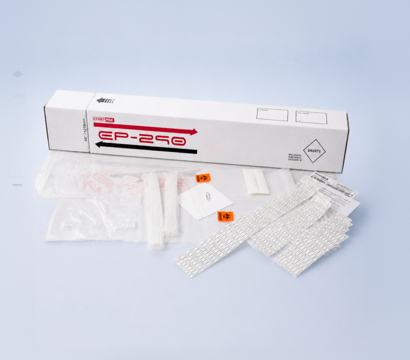 EXAKT-PAK EP-250 used medical device return kit with packaging components