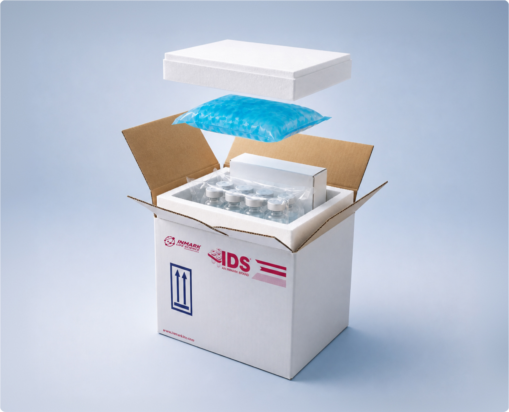 Open Inmark insulated specimen shipping box with vials, foam insert, and gel coolant pack