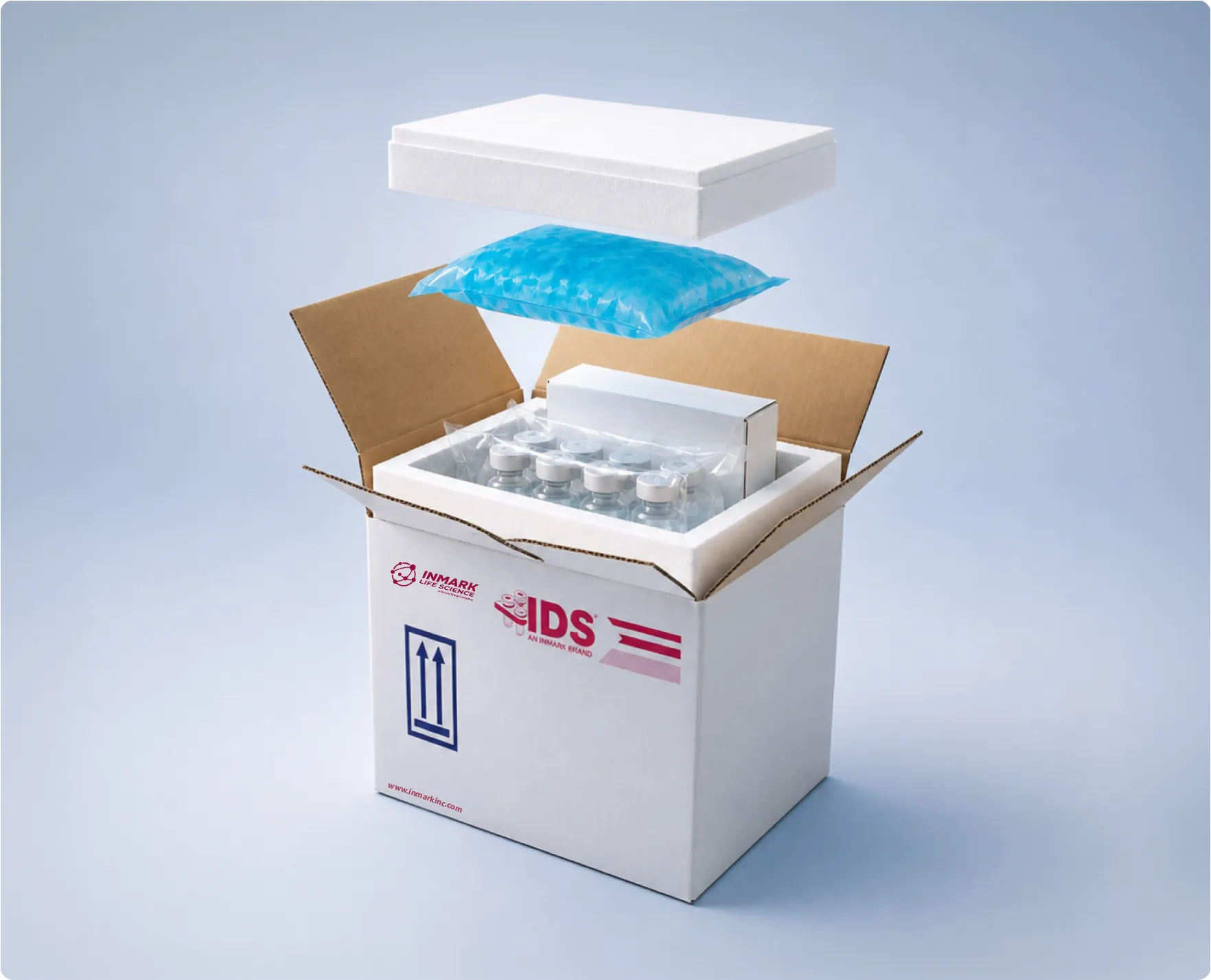 Open Inmark insulated specimen shipping box with vials, foam insert, and gel coolant pack