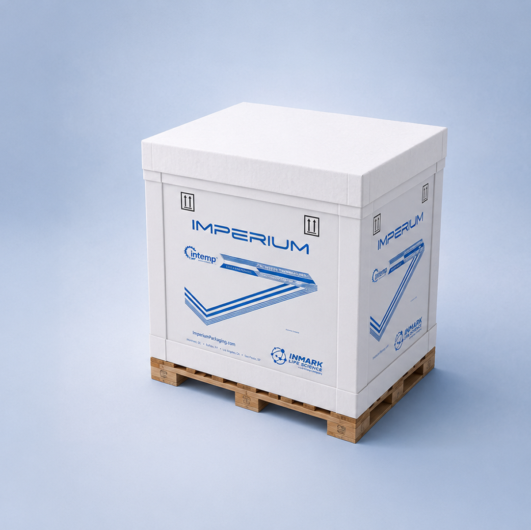 Inmark Imperium temperature-controlled pallet shipper on a wooden pallet