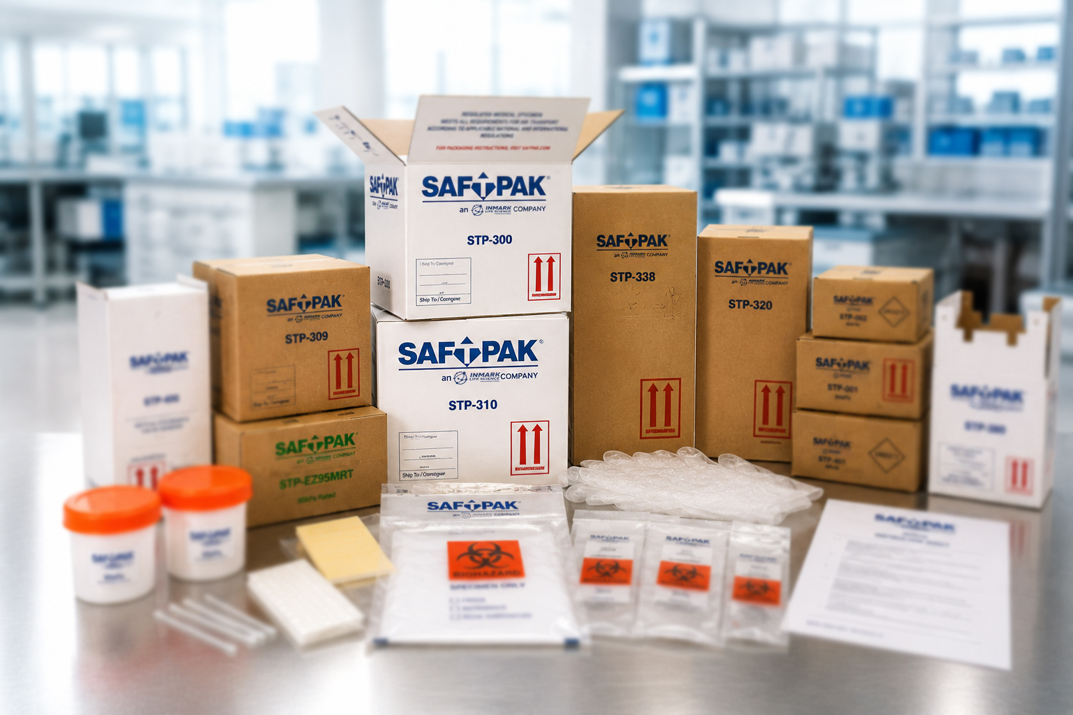 Assortment of Saf-T-Pak specimen shipping boxes and packaging components in a laboratory