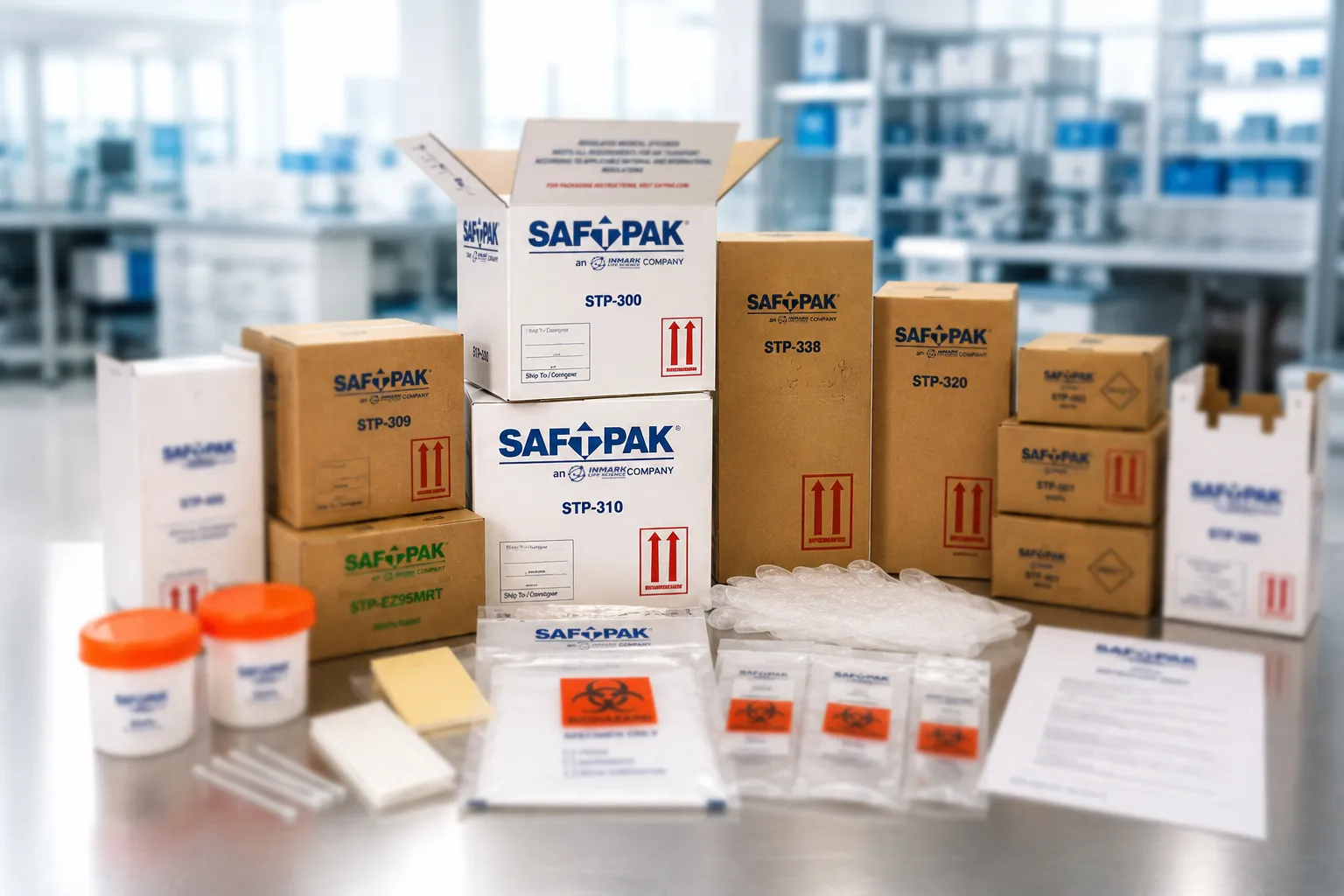 Assortment of Saf-T-Pak specimen shipping boxes and packaging components in a laboratory