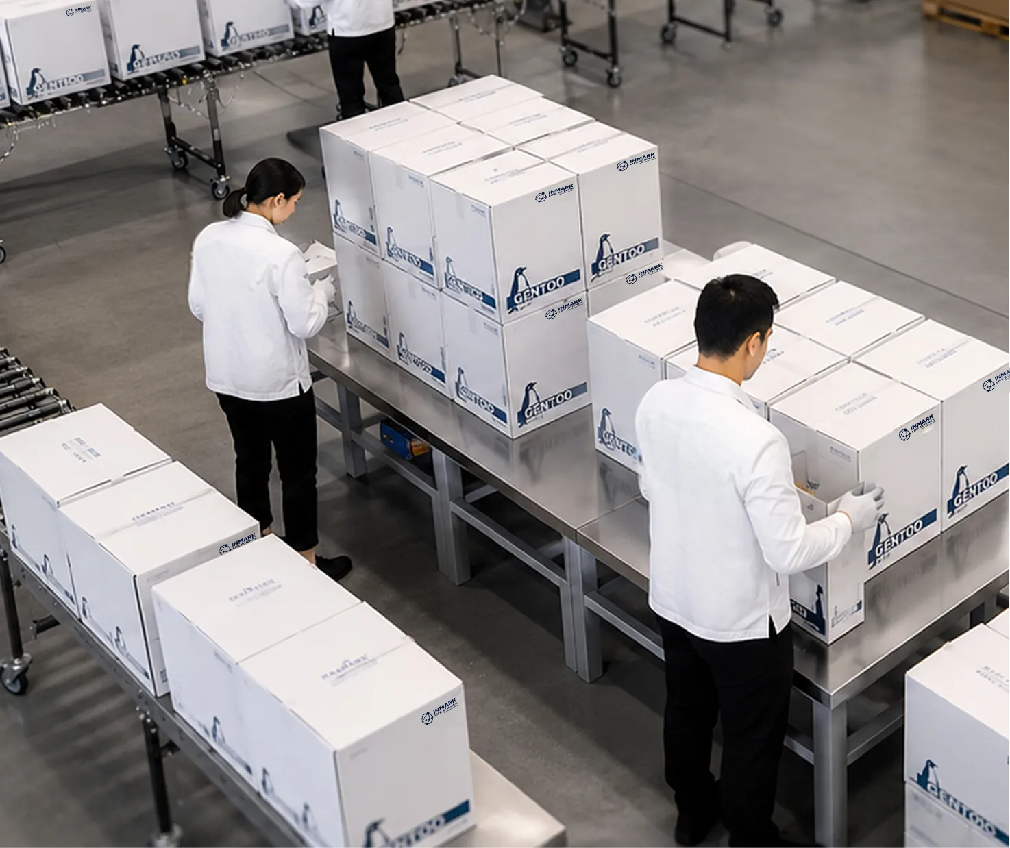 Workers packing Inmark shippers on a conveyor line in a fulfillment facility