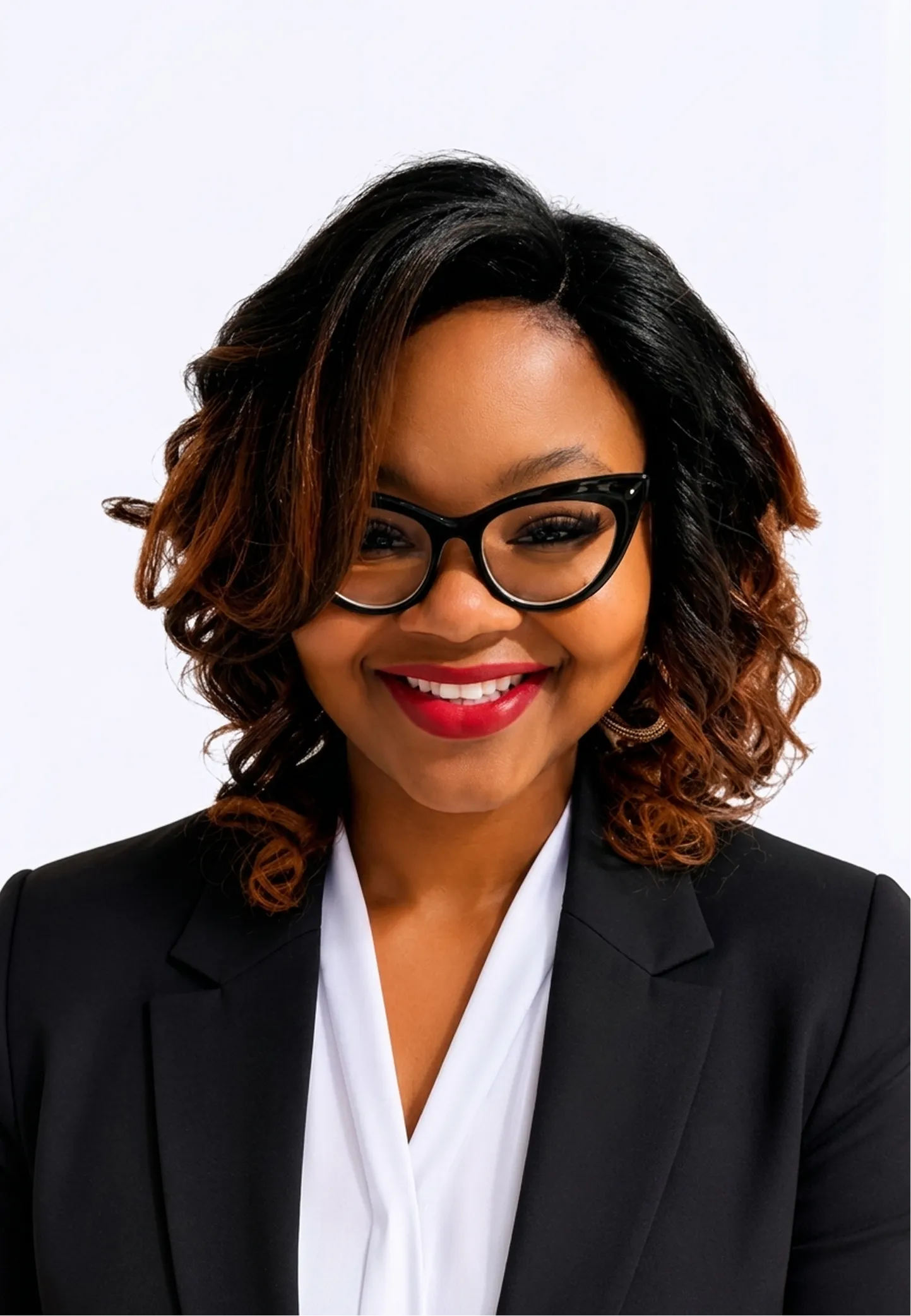 Woman with curly hair and glasses smiling wearing a light blue InMark Life Science shirt.
