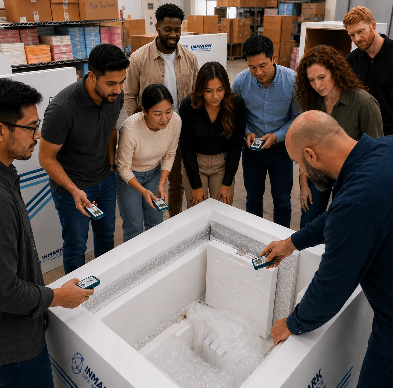 Group of seven people in white shirts and blue pants listening in a warehouse setting around a large white container.
