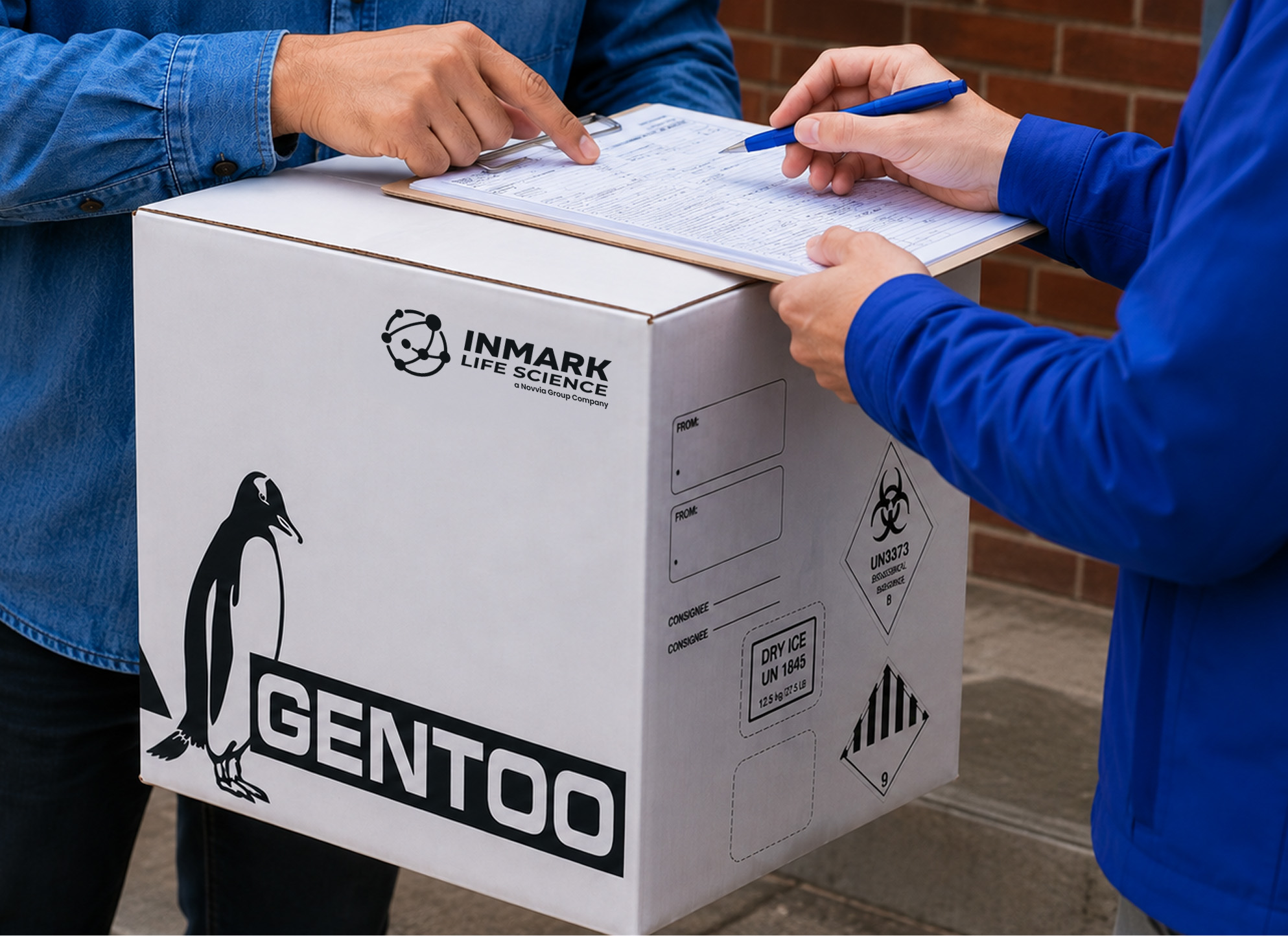 Two workers reviewing shipping documentation on an Inmark GenToo cold chain box