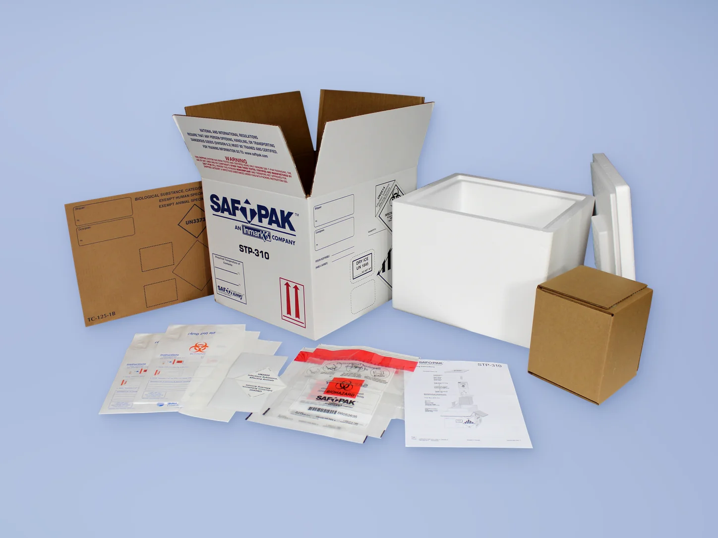 Saf-T-Pak STP-310 Category A frozen insulated shipping system with outer box, insulated chest, specimen bags and documentation
