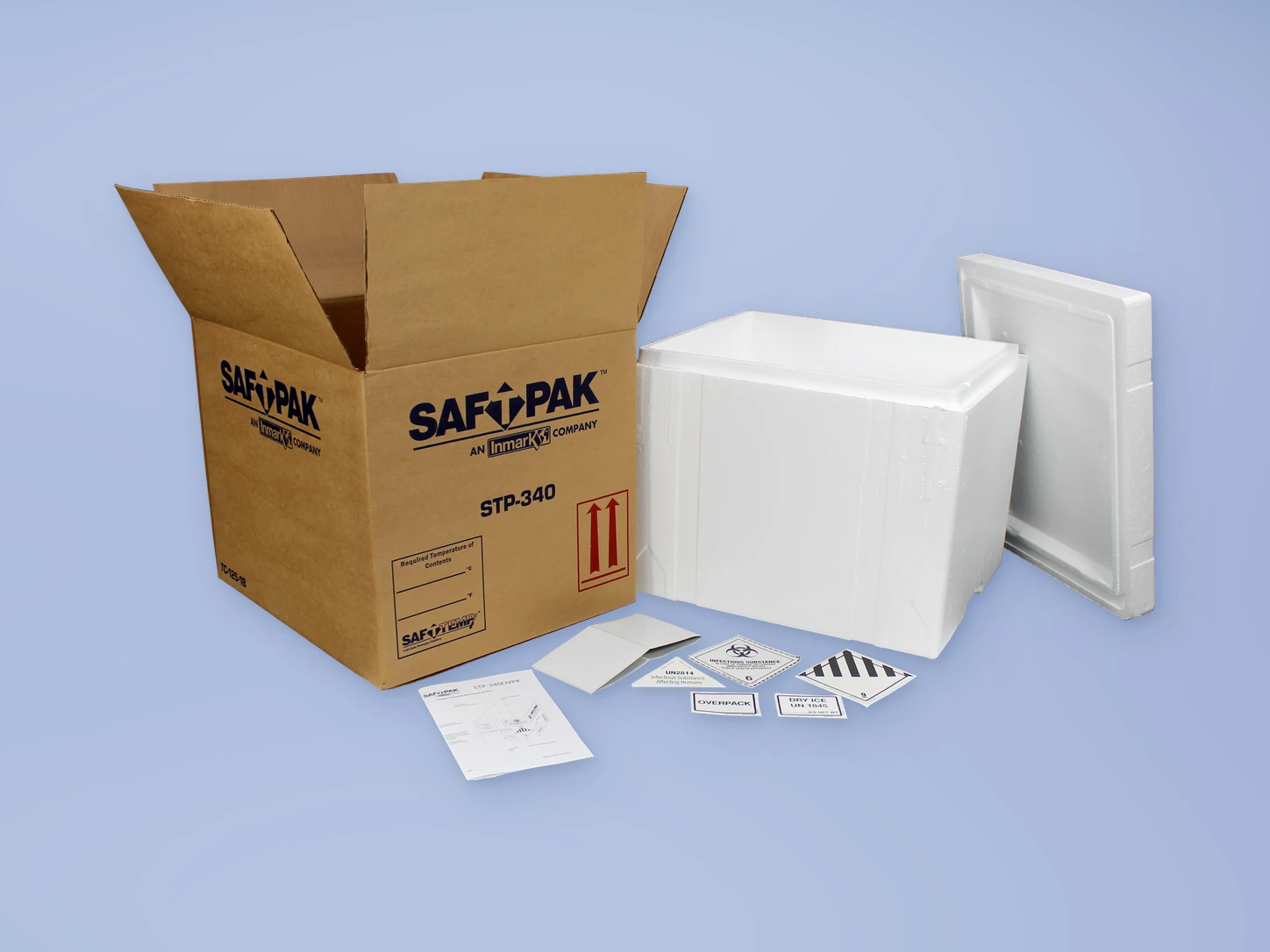 Saf-T-Pak STP-100 Category A ambient shipping system with outer box, corrugated liner, secondary container and packing instructions