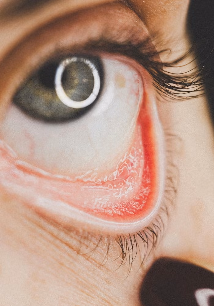 A close-up of a person's eye with eyelashes and an eyebrow is shown.
