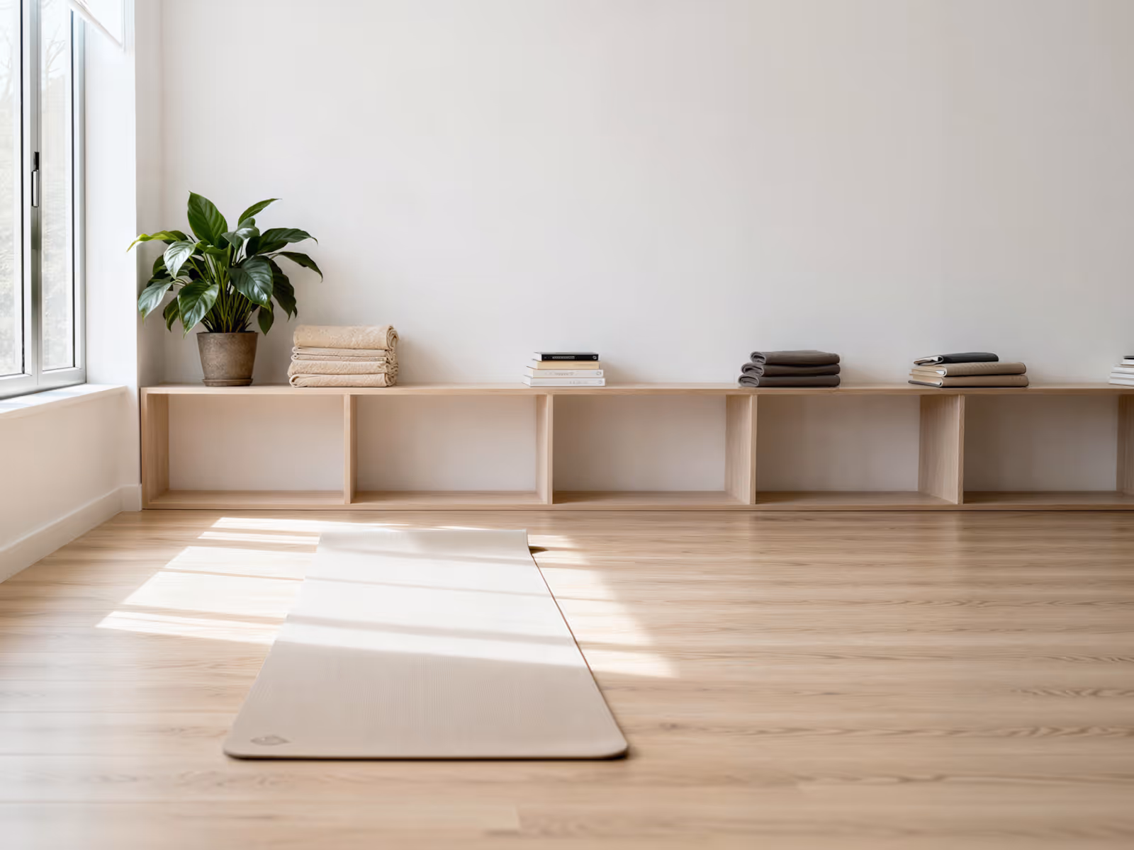 Minimalist yoga studio with a beige mat on wooden floor and shelves holding folded towels and a potted plant.