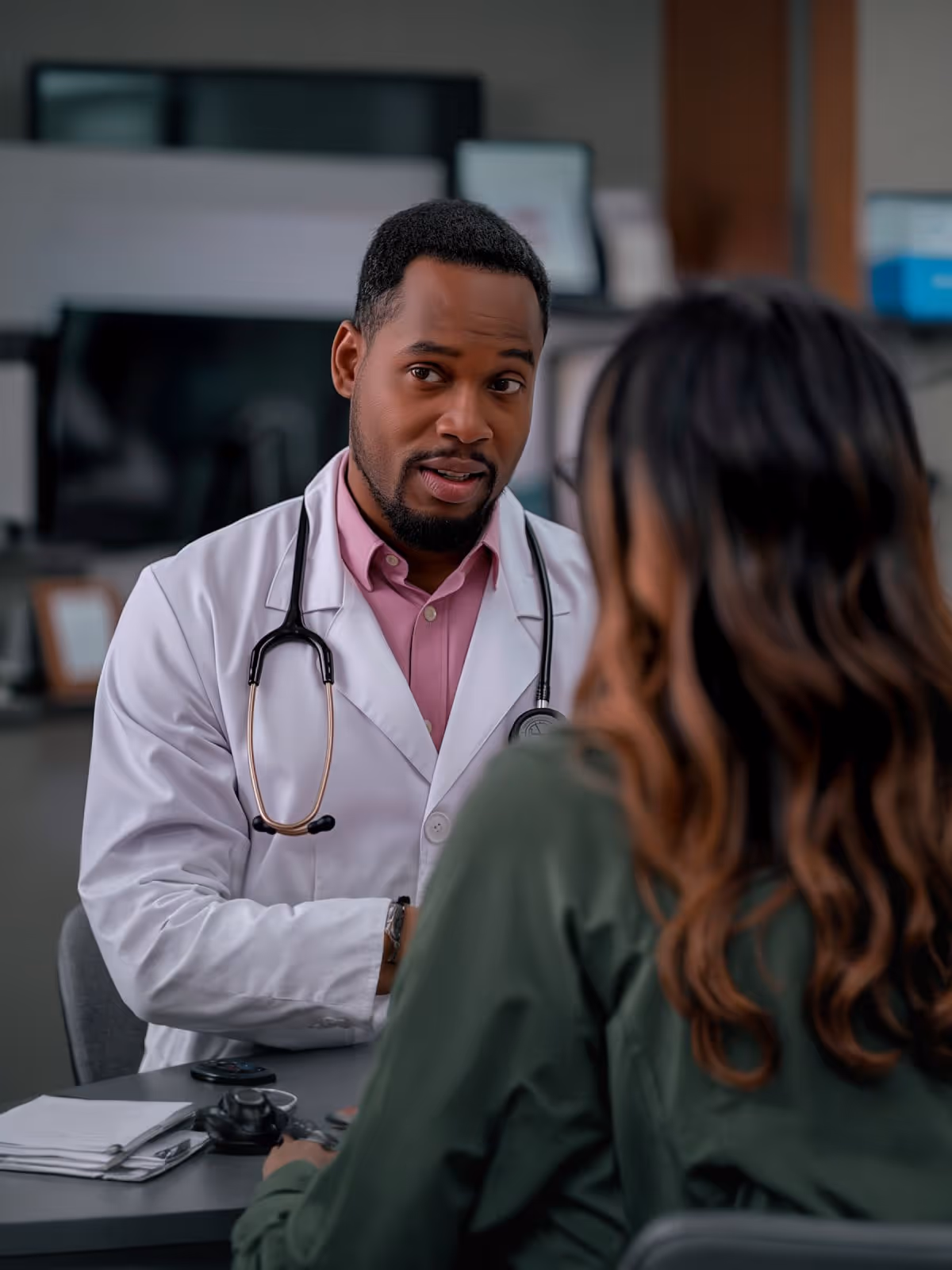 Male doctor wearing white coat and stethoscope consulting female patient in office.