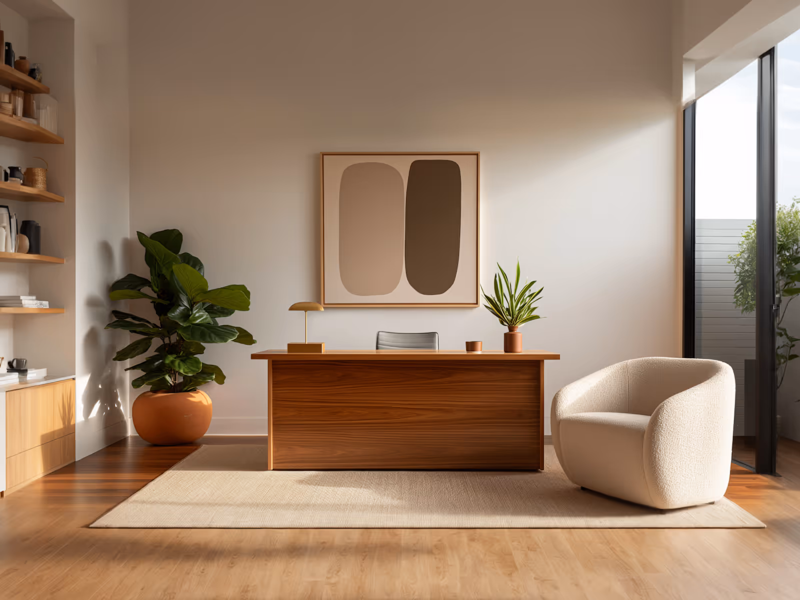 Modern office with wooden desk, beige armchair, two plants, and abstract art on white wall.