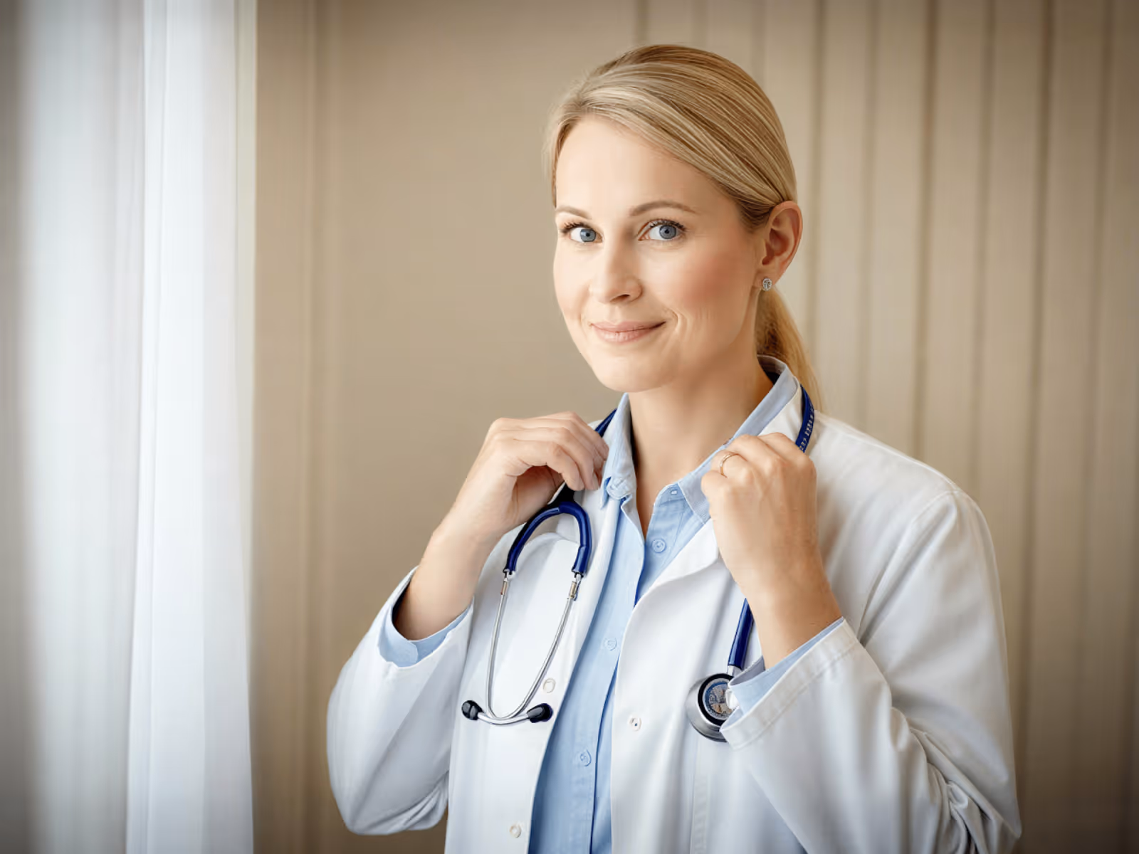 Confident female doctor in a white coat adjusting her stethoscope, smiling gently.