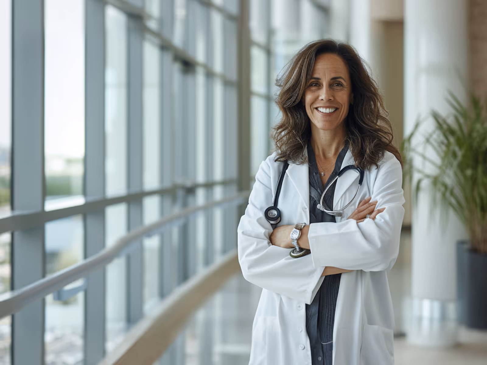 Smiling female doctor wearing a white coat and stethoscope in a modern hospital corridor.