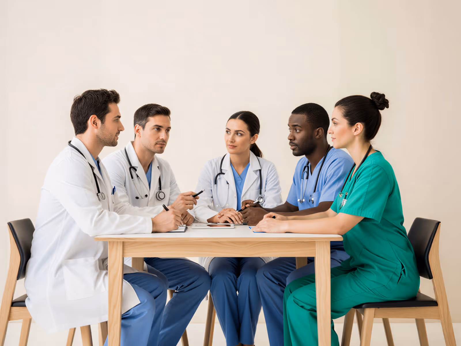 Five medical professionals seated around a table engaged in a discussion.