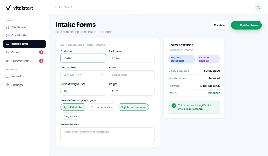VitalStart intake form builder