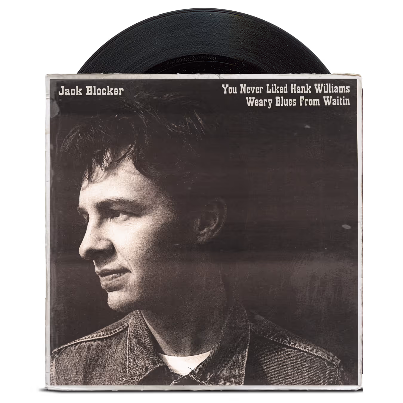 Black and white album cover showing Jack Blocker in a denim jacket looking left.