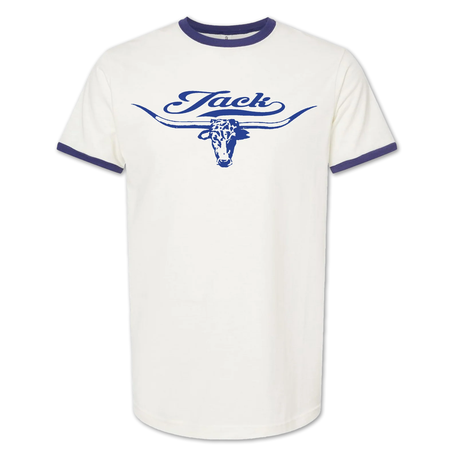White t-shirt with blue ringer collar and sleeves featuring a blue longhorn and the word Jack.