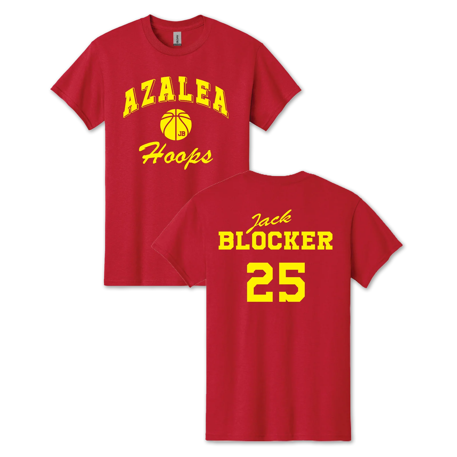 Red t-shirt with yellow text Azalea Hoops and basketball on front, Jack Blocker 25 on back.