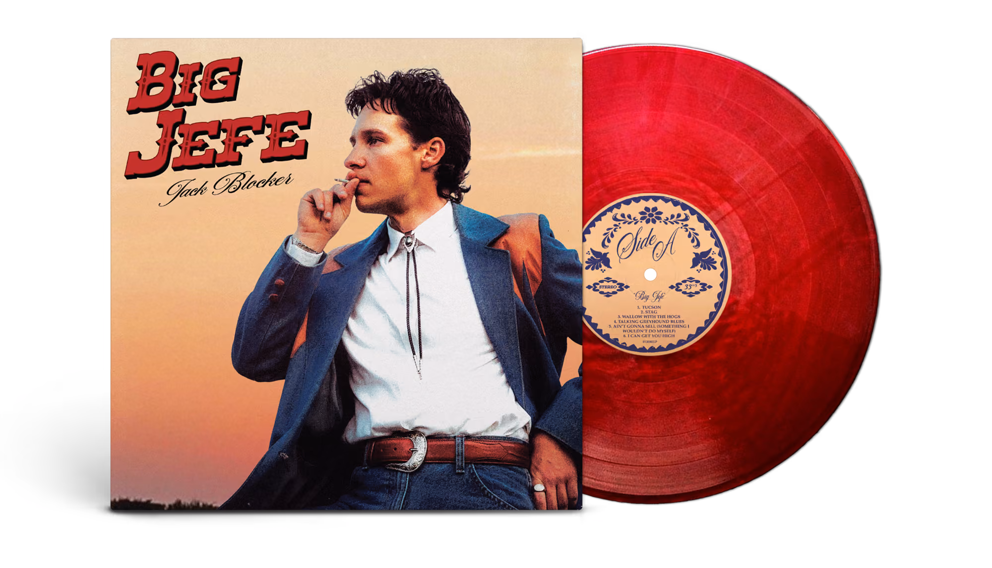 Vinyl record Big Jefe by Jack Blocker with cover featuring a man smoking, wearing blue suit and bolo tie.