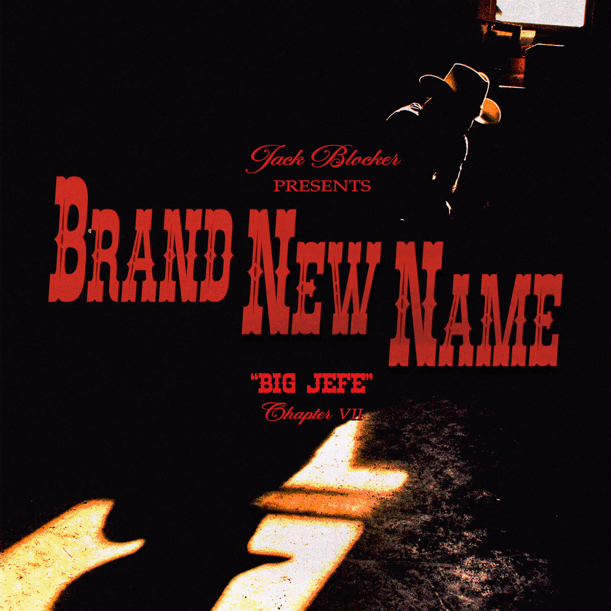 Silhouette of a person with a cowboy hat sitting near a window with red text Brand New Name. Brand New Name Single artwork