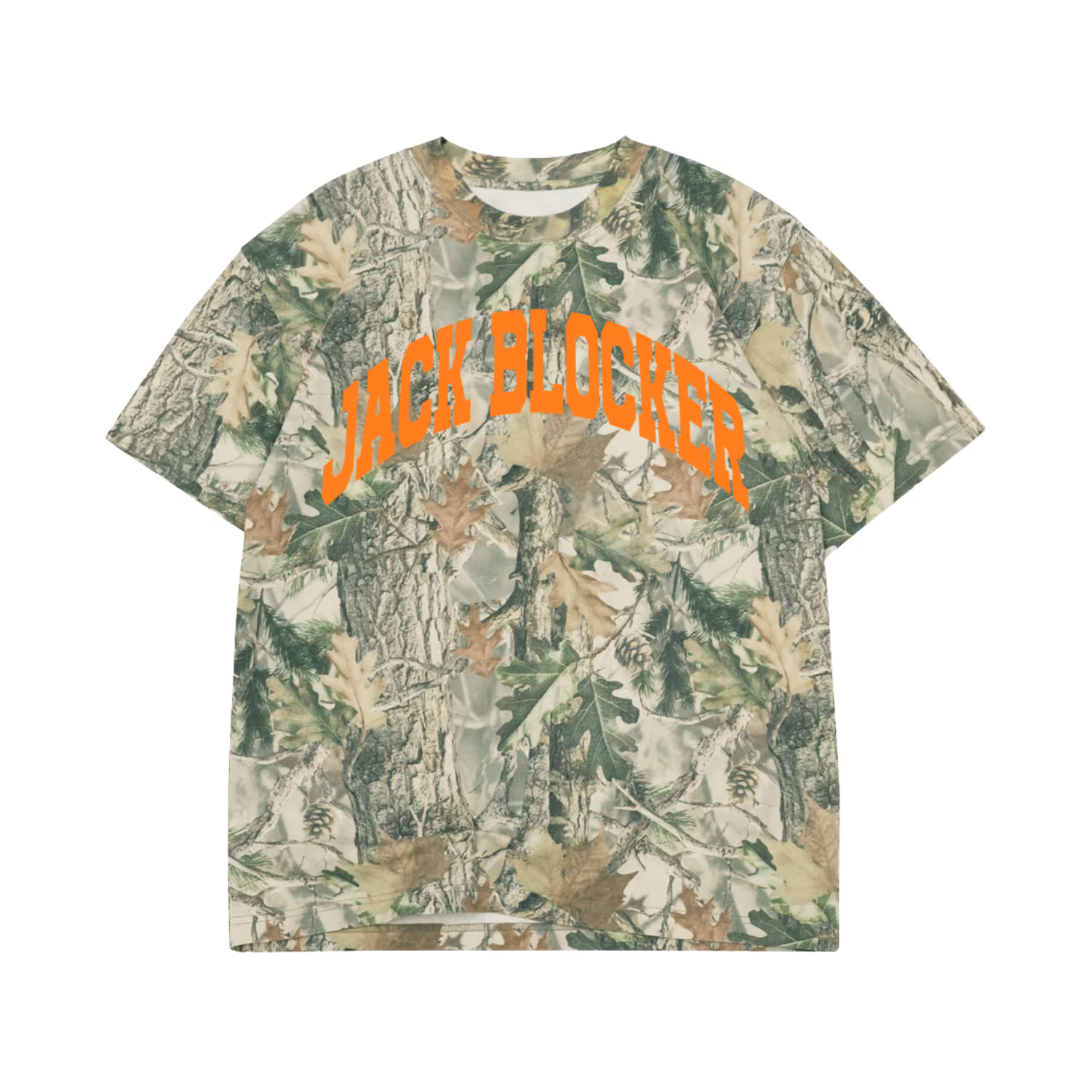 Short-sleeve camouflage T-shirt with orange text 'JACK BLOCKER' across the chest.