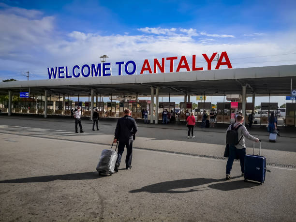Exterior of Antalya Airport with its Welcome to Antalya sign.